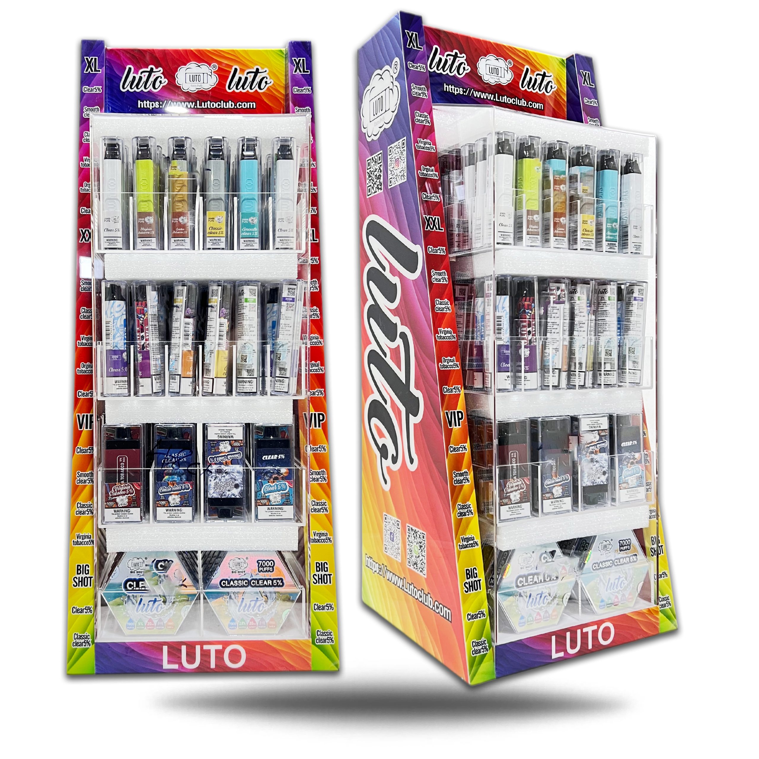 LUTO CLEAR and TOBACCO DISPLAY 5% XL 2000PF(60CT) -PRO XXL 3000PF(60CT)- VIP BOX 5000PF(48CT) - BIG SHOT 7000PF(18CT) -186CT DISPLAY