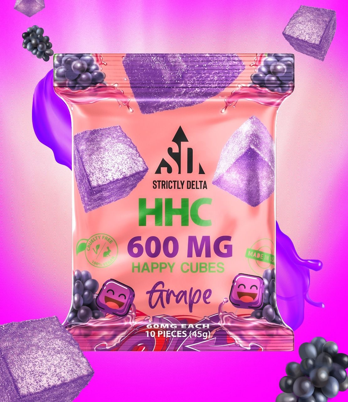 STRICTLY DELTA HHC HAPPY CUBE GUMMIES 600MG GRAPE -BOX OF 10 - Empire ...