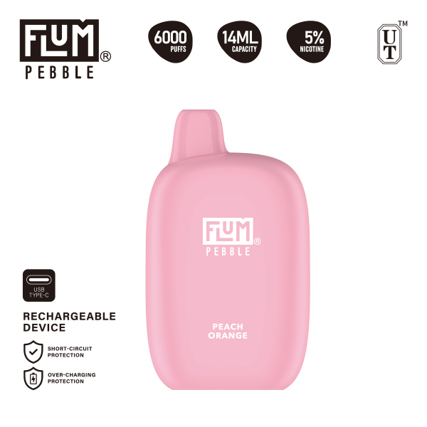 FLUM PEBBLE DISPOSABLE 6000PF PEACH ORANGE BOX OF 10 Empire Smoke