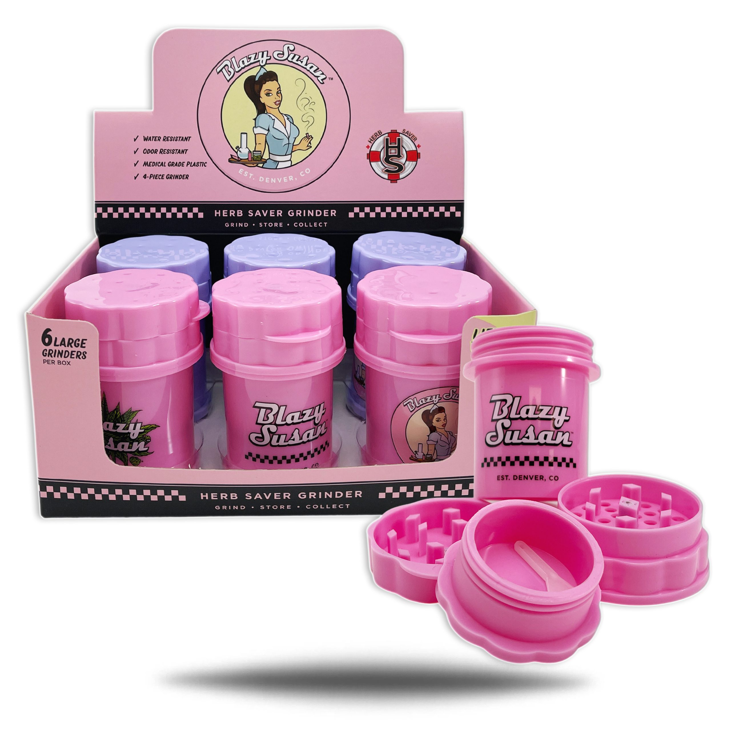 BLAZY SUSAN HERB SAVER GRINDER LARGE BOX OF 6 Empire Smoke Distributors