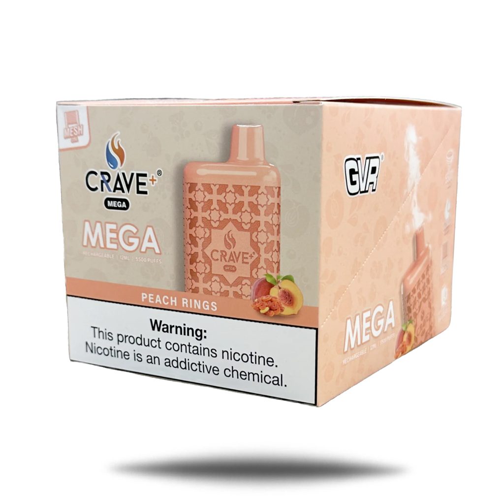 CRAVE PLUS MEGA DISPOSABLE 5500PF PEACH RINGS -BOX OF 10 - Empire Smoke 