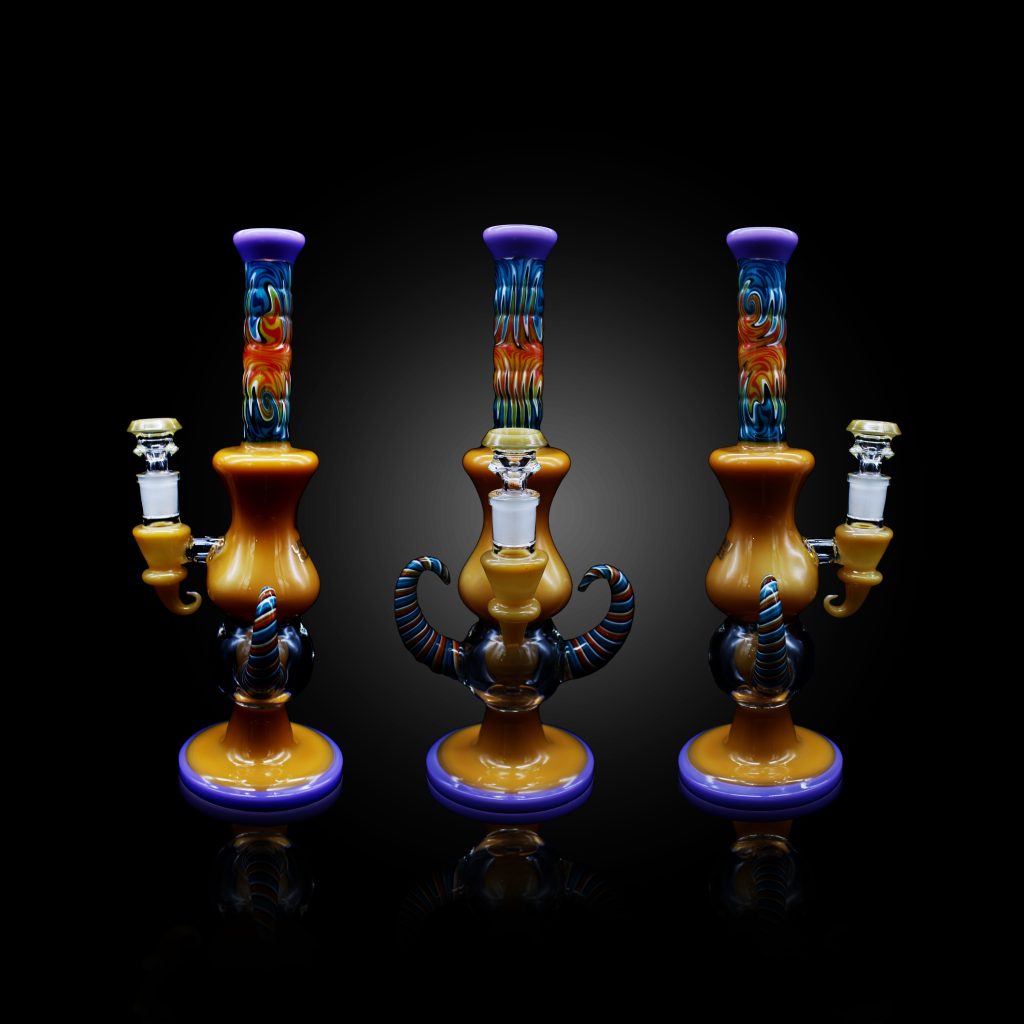 12″ URBAN GLASS COLOR TUBE MOUTHPIECE BALL SHAPED PERC WITH TWO HORN