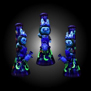 14'' 3D LBUBU HAND PAINTED BEAKER WATER PIPE GLOW IN DARK YELLOW