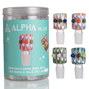 ALPHA 18MM RASTA SWIRL BOWL WITH SIDE MARBLE MALE 20CT JAR