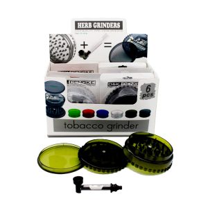 D&K ACRYLIC GRINDER WITH METAL PIPE DESIGN AND SCREEN IN BLISTER PACK 100MM -BOX OF 6