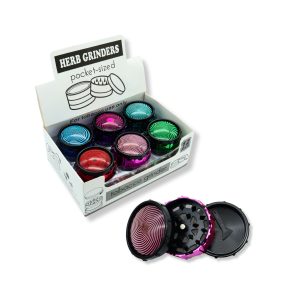 POCKET SIZED SWIRL TOP MULTICOLOR METAL GRINDER 3 PART 50MM - BOX OF 12