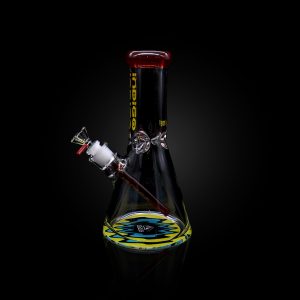 INDIGO 10'' 9MM DOUBLE FIRE POLISHED BEAKER WITH WORKED COLOR DOWNSTEM USA COLOR MOUTHPIECE FLAMES BASE LOGO RED