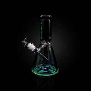 INDIGO 10'' 9MM DOUBLE FIRE POLISHED BEAKER WITH WORKED COLOR DOWNSTEM USA COLOR MOUTHPIECE FLAMES BASE LOGO BLUE