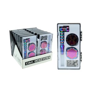 D&K IRIDESCENT SKULL PIPE & GRINDER SET WITH SILVER SCREEN & VIBRANT RAINBOW FINISH -BOX OF 12 PCS