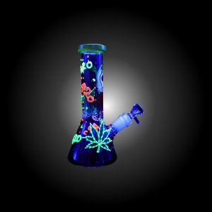 8'' 3D ART 420 SKULL AND LEAF PRINTED BEAKER WATER PIPE GLOW IN DARK YELLOW