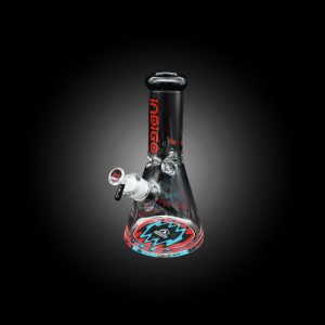 INDIGO 10'' 9MM DOUBLE FIRE POLISHED BEAKER WITH WORKED COLOR DOWNSTEM USA COLOR MOUTHPIECE FLAMES BASE LOGO BLACK