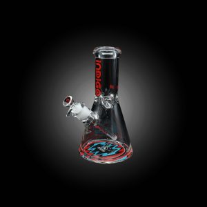INDIGO 10'' 9MM DOUBLE FIRE POLISHED BEAKER WITH WORKED COLOR DOWNSTEM USA COLOR MOUTHPIECE FLAMES BASE LOGO CLEAR