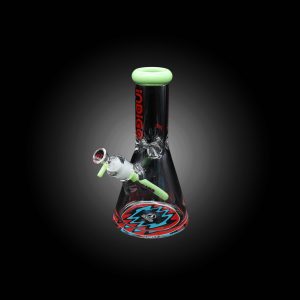 INDIGO 10'' 9MM DOUBLE FIRE POLISHED BEAKER WITH WORKED COLOR DOWNSTEM USA COLOR MOUTHPIECE FLAMES BASE LOGO MILK GREEN