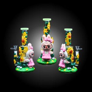 9'' 3D LBUBU WITH SUNFLOWER HAND PAINTED WATER PIPE MILKY GREEN