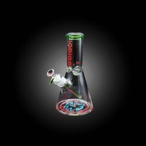 INDIGO 10'' 9MM DOUBLE FIRE POLISHED BEAKER WITH WORKED COLOR DOWNSTEM USA COLOR MOUTHPIECE FLAMES BASE LOGO BRIGHT GREEN