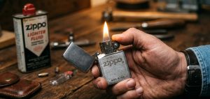 Classic brushed metal Zippo lighter open with flame