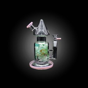 HIPSTER GLASS 8'' INSIDE ADORNED WITH PLAYFUL PANDA BEAR & VIBRANT GREEN FLORAL DESING WATER PIPE SLIME PINK