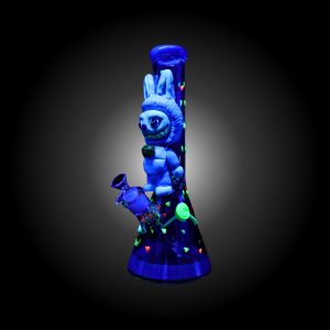 14'' 3D LBUBU HAND PAINTED BEAKER WATER PIPE GLOW IN DARK BLUE