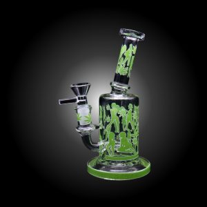 7'' LADY AND LEAF PRINTED NECK BEND GLOW IN DARK WATERPIPE GREEN-A