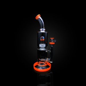 14'' ALPHA BENT MOUTHPIECE LARGE BUBBLER WITH WIGWAG DESIGN MATRIX PERC ORANGE