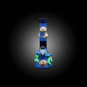 10'' 3D ART EYES MUSHROOM HAND PAINTED BEAKER WATER PIPE BLUE GLOW IN THE DARK