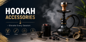 Hookah accessories like bowls and hoses placed neatly on a table Close-up of different hookah parts arranged for display Person setting up a hookah using various accessories