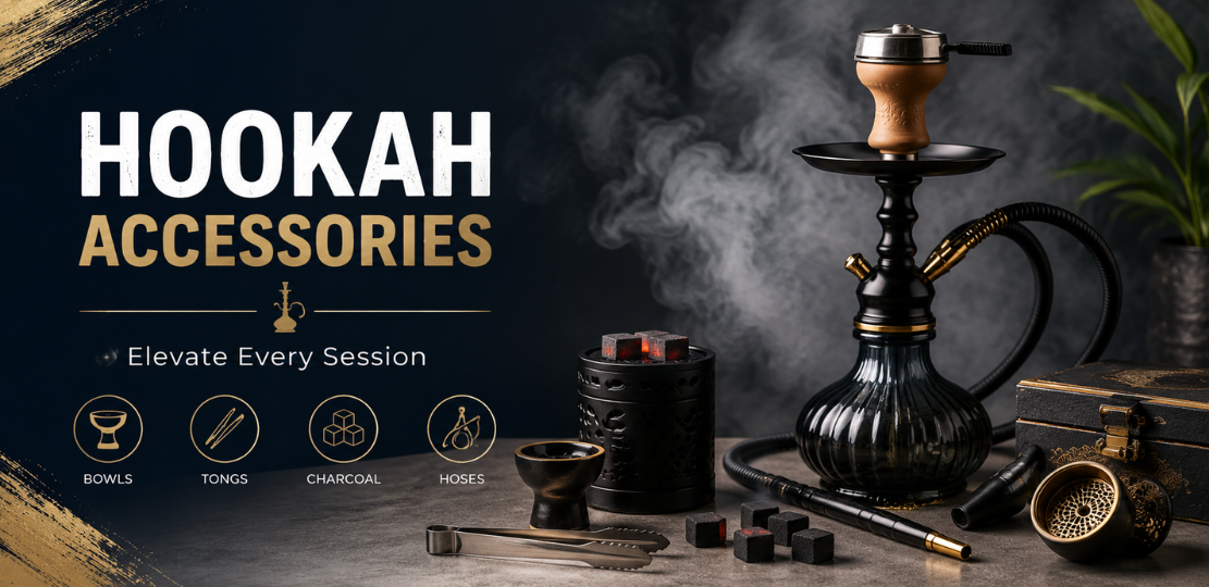 Hookah accessories like bowls and hoses placed neatly on a table Close-up of different hookah parts arranged for display Person setting up a hookah using various accessories