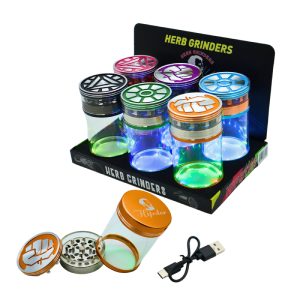HIPSTER POWER FIST GRINDER WITH LED LIGHTING 100GM STORAGE JAR 63MM 3 PART -BOX OF 6 (HU005)