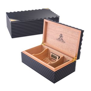 FUJIMA BLACK GEOMETRIC LUXURY CIGAR HUMIDOR WITH GOLD ACCENTS & CED (BE113)