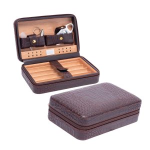 VOLENX 8'' BROWN VEGAN LEATHER CIGAR CEDAR BOX (HOLDS 4 CIGARS) WITH CUTTER AND PUNCHER (XC554)
