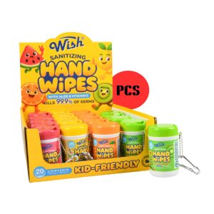 WISH SANITIZING HAND WIPES MINI JAR - 20 WIPES (WITH ALOE & VITAMIN E) MIXED FLAVOR -PER PCS