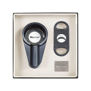 LUCIENNE BLACK METALLIC CIGAR CUTTER & ASHTRAY SET BOX (ACS3)
