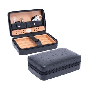 VOLENX 8'' BLACK VEGAN LEATHER CIGAR CEDAR BOX (HOLDS 4 CIGARS) WITH CUTTER AND PUNCHER (XC555)