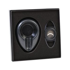 LUCIENNE BLACK CARBON FIBER DESIGN CIGAR CUTTER & ASHTRAY SET BOX (ACS2)