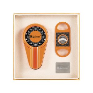 LUCIENNE ORANGE METALLIC CIGAR CUTTER & ASHTRAY SET BOX (ACS4)