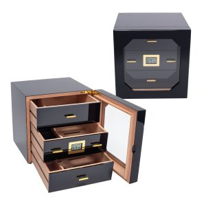 FUJIMA 3 DRAWER CEDAR BLACK HUMIDOR - HOLDS 72 CIGARS (BE104)