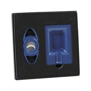 LUCIENNE BLUE CARBON FIBER DESIGN CIGAR CUTTER & ASHTRAY SET BOX (ACS1)