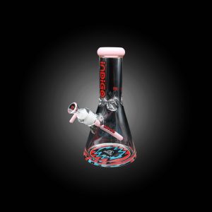 INDIGO 10'' 9MM DOUBLE FIRE POLISHED BEAKER WITH WORKED COLOR DOWNSTEM USA COLOR MOUTHPIECE FLAMES BASE LOGO MILKY PINK