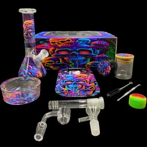 8'' BEAKER GIFT BOX -11 PCS SET (10'' BEAKER WATER PIPE-ROLLING TRAY-ASH TRAY-METALLIC GRINDER-GLASS JAR-DOWNSTEM-14MM MALE BOWL-14MM MALE BANGER-NAIL-SILCONE WAX CONAINER-BRUSH) - 100000952677