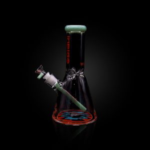 INDIGO 10'' 9MM DOUBLE FIRE POLISHED BEAKER WITH WORKED COLOR DOWNSTEM USA COLOR MOUTHPIECE FLAMES BASE LOGO JADE