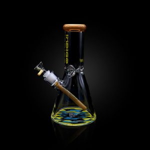 INDIGO 10'' 9MM DOUBLE FIRE POLISHED BEAKER WITH WORKED COLOR DOWNSTEM USA COLOR MOUTHPIECE FLAMES BASE LOGO TOPAZ