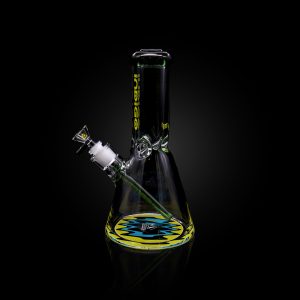 INDIGO 10'' 9MM DOUBLE FIRE POLISHED BEAKER WITH WORKED COLOR DOWNSTEM USA COLOR MOUTHPIECE FLAMES BASE LOGO GREEN