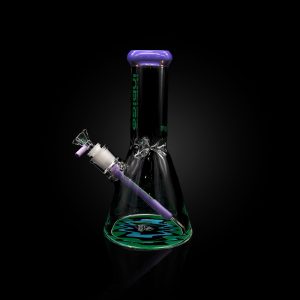 INDIGO 10'' 9MM DOUBLE FIRE POLISHED BEAKER WITH WORKED COLOR DOWNSTEM USA COLOR MOUTHPIECE FLAMES BASE LOGO MILK PURPLE